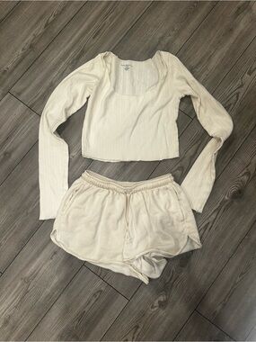 Brandy Melville Cream Ribbed Long-Sleeve Crop Top & Lounge Shorts Set